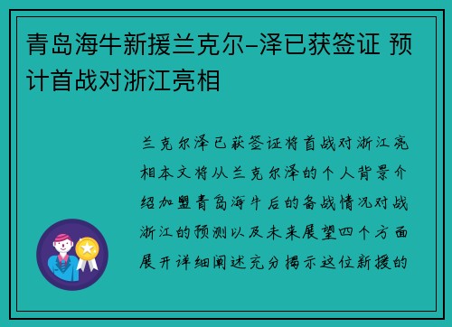 青岛海牛新援兰克尔-泽已获签证 预计首战对浙江亮相