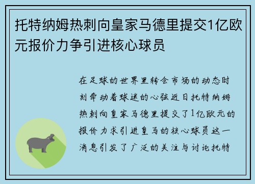 托特纳姆热刺向皇家马德里提交1亿欧元报价力争引进核心球员