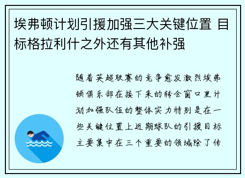 埃弗顿计划引援加强三大关键位置 目标格拉利什之外还有其他补强