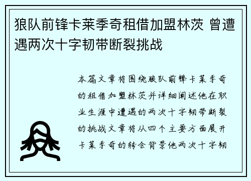 狼队前锋卡莱季奇租借加盟林茨 曾遭遇两次十字韧带断裂挑战