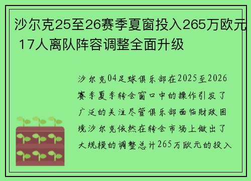 沙尔克25至26赛季夏窗投入265万欧元 17人离队阵容调整全面升级