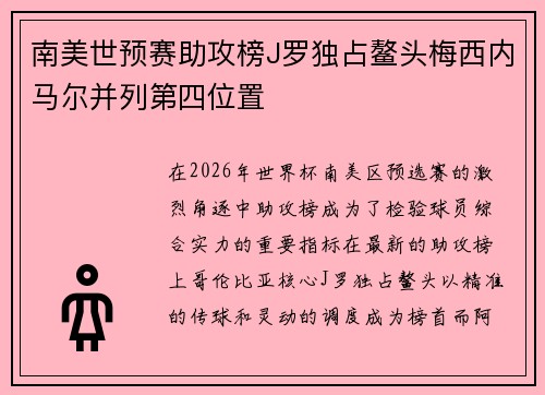 南美世预赛助攻榜J罗独占鳌头梅西内马尔并列第四位置