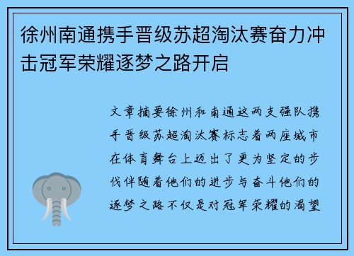 徐州南通携手晋级苏超淘汰赛奋力冲击冠军荣耀逐梦之路开启